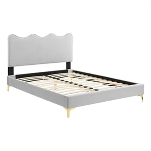 Modway Current Performance Velvet Upholstered Twin Platform Bed in Light Gray