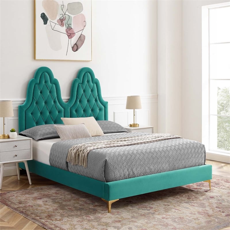 Modway Alexandria Tufted Performance Velvet King Platform Bed - Teal Blue