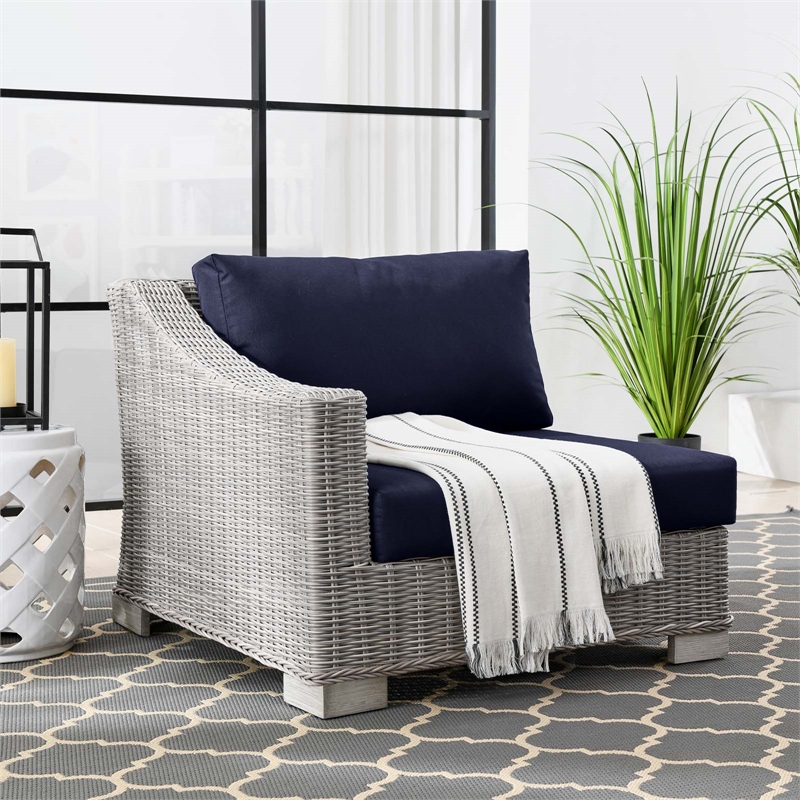 Modway Conway Rattan & Fabric Outdoor Patio Left-Arm Chair in Light Gray/Navy