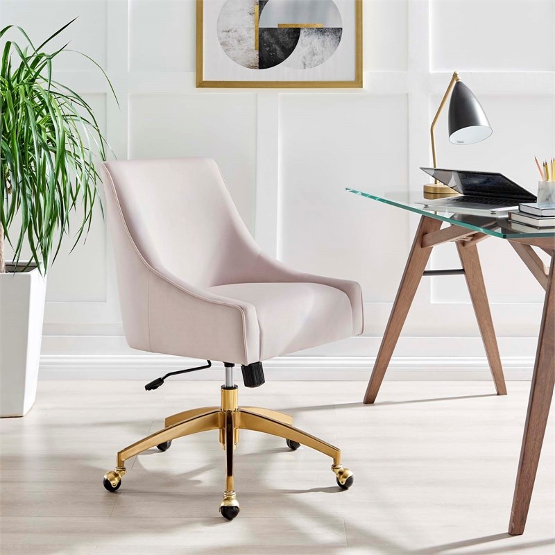 Modway Discern Modern Performance Velvet Swivel Office Chair in Pink/Gold