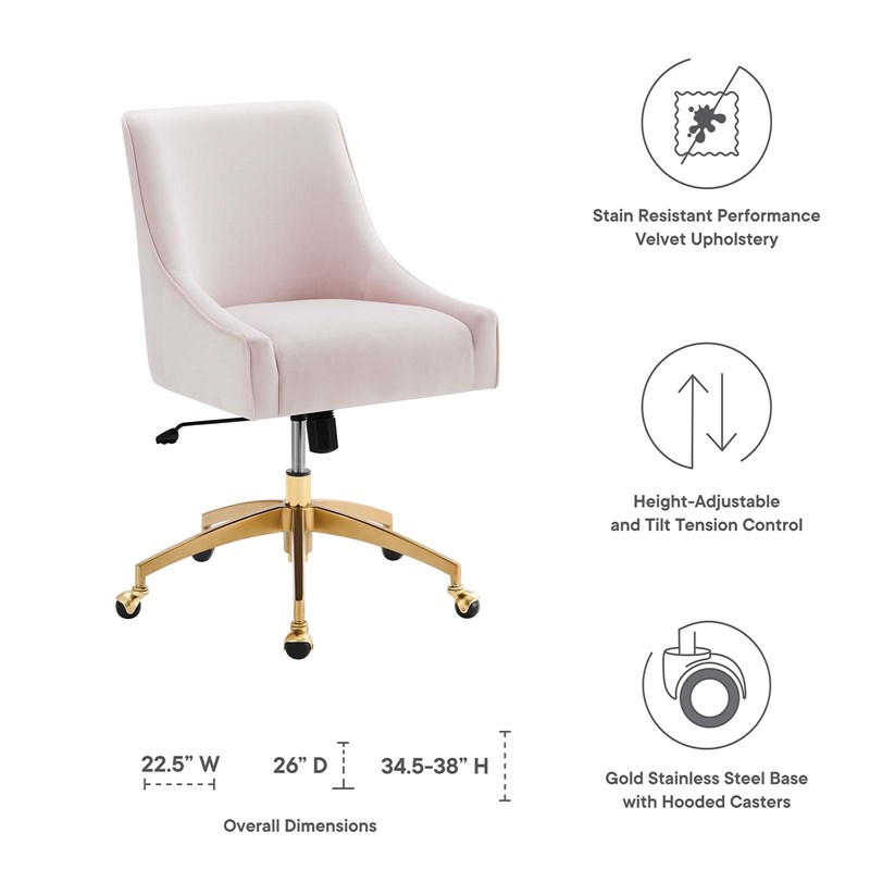 Modway Discern Modern Performance Velvet Swivel Office Chair in Pink/Gold