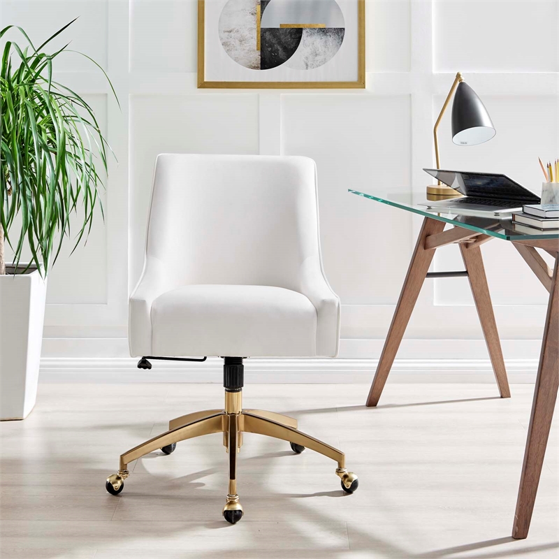 Modway Discern Modern Performance Velvet Swivel Office Chair in White/Gold