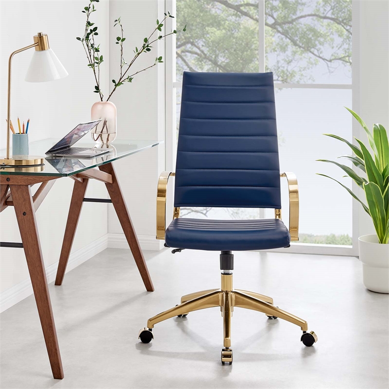 Modway Jive Faux Leather Stainless Steel Highback Office Chair in Gold/Navy