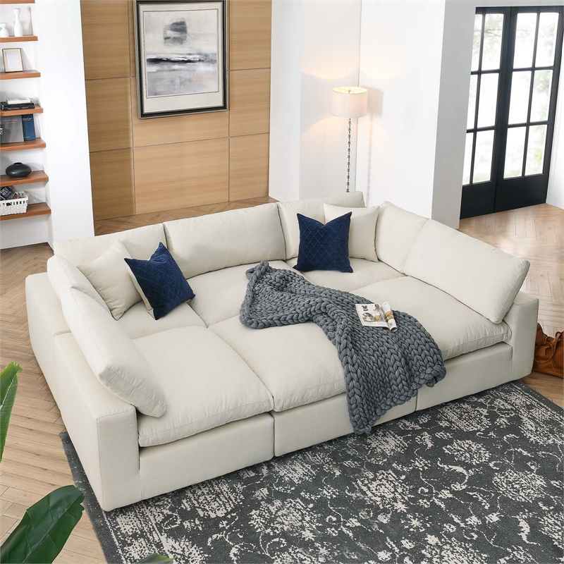 modway commix 6-piece modern fabric overstuffed sectional sofa in light beige