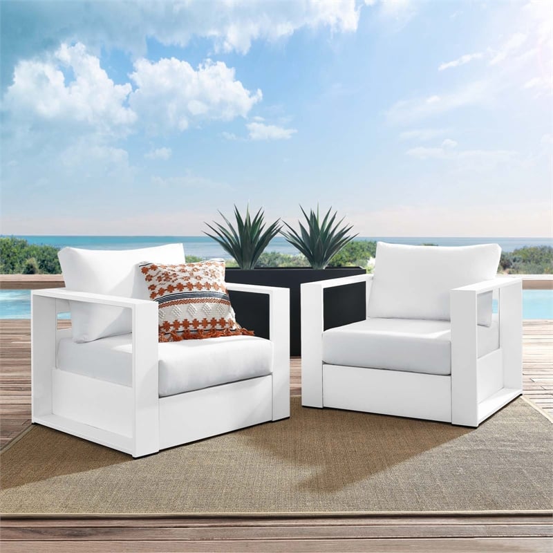 Modway Tahoe Fabric & Aluminum Outdoor Armchair in White (Set of 2)