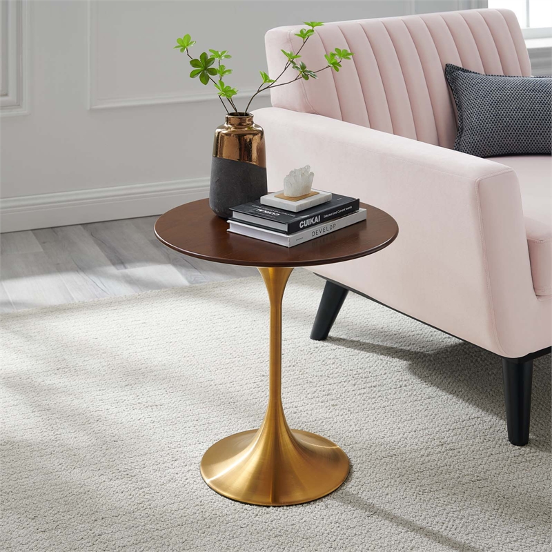 modway lippa 20&quot round modern wood/stainless steel side table in cherry/gold