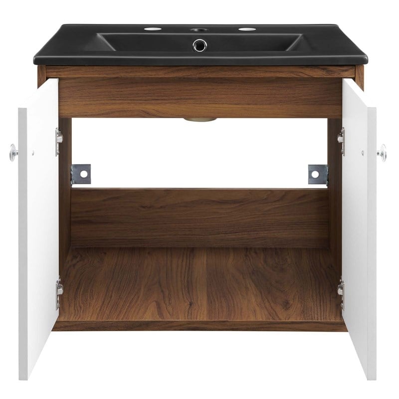 Modway Transmit Modern Wood Wall-Mount Bathroom Vanity in White/Walnut