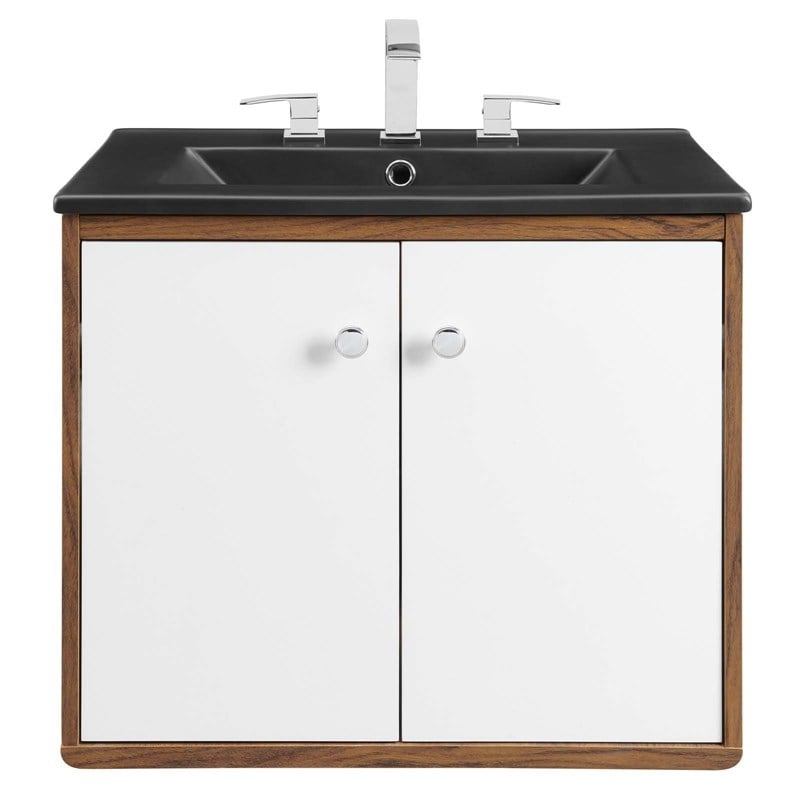 Modway Transmit Modern Wood Wall-Mount Bathroom Vanity in White/Walnut