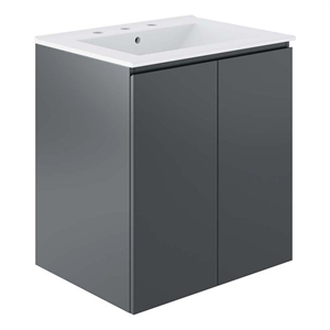 Modway Bryn 24&quot Modern Wood/Ceramic Wall-Mount Bathroom Vanity in Gray/White