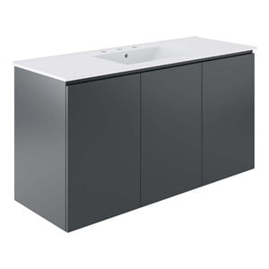 Modway Bryn 48&quot Modern Wood/Ceramic Wall-Mount Bathroom Vanity in Gray/White