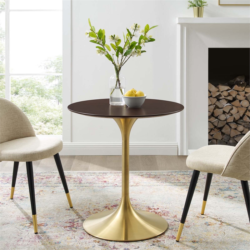 modway lippa 27.5&quot round modern wood/metal dining table in cherry/gold