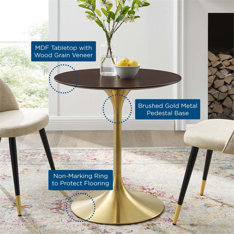 modway lippa 27.5&quot round modern wood/metal dining table in cherry/gold