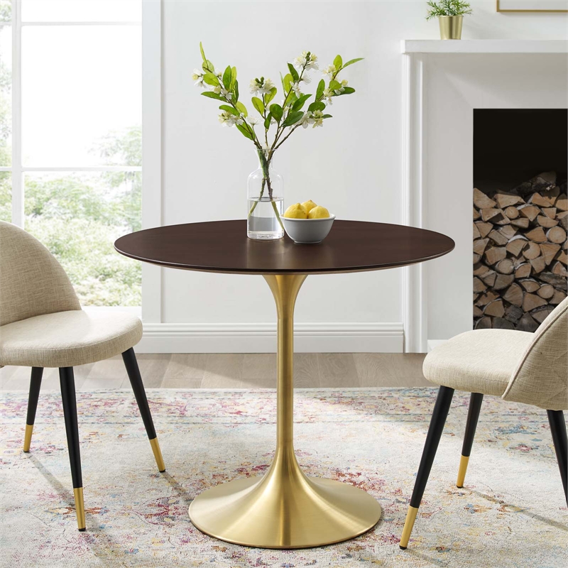 modway lippa 35.5&quot round modern wood/metal dining table in cherry/gold