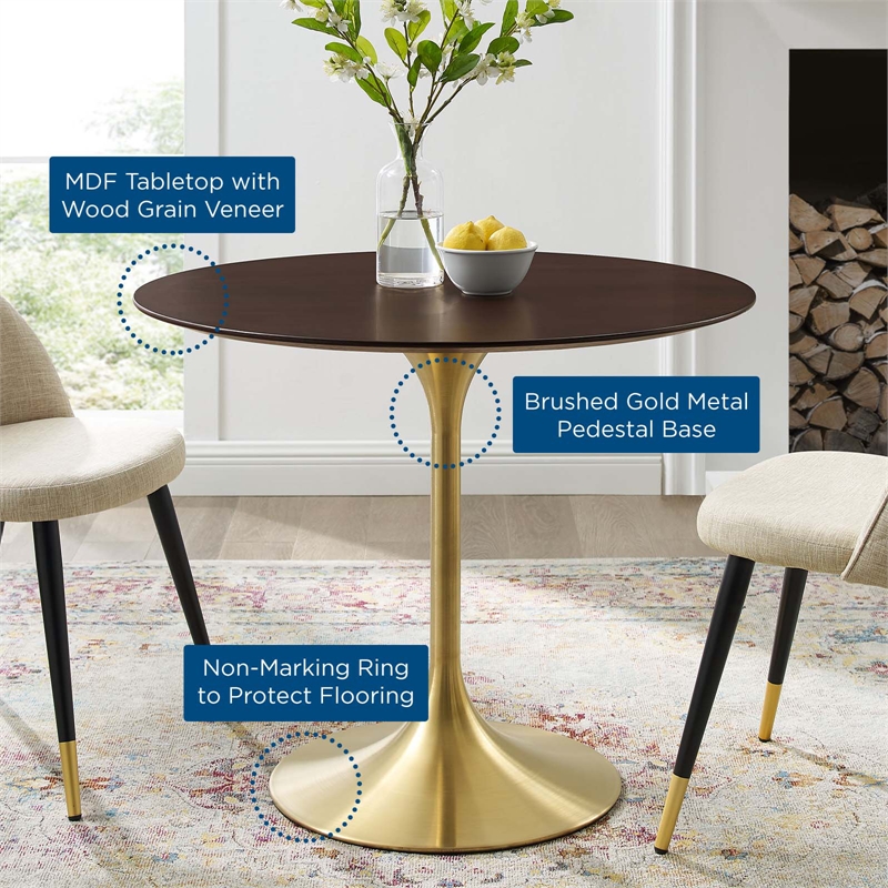 modway lippa 35.5&quot round modern wood/metal dining table in cherry/gold