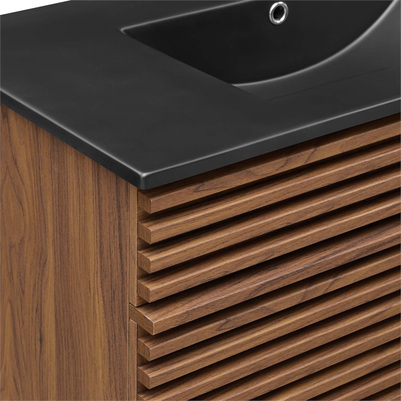 Modway Render Modern Wood/Ceramic Bathroom Vanity in Walnut/Black