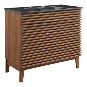 Modway Render Modern Wood/Ceramic Bathroom Vanity in Walnut/Black