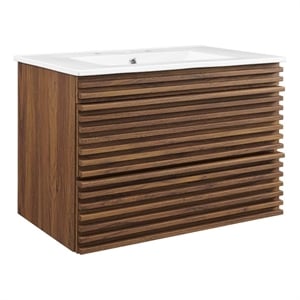Modway Render 30&quot Modern Wood Wall-Mount Bathroom Vanity in Walnut/White