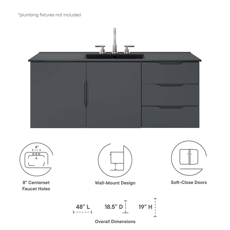 Modway Vitality Modern Wood Single Sink Bathroom Vanity in Gray/Black