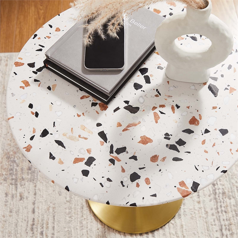 modway lippa 20&quot round modern terrrazzo & metal side table in white/gold