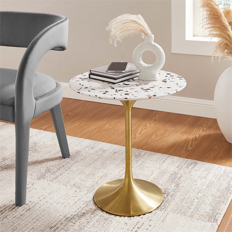 modway lippa 20&quot round modern terrrazzo & metal side table in white/gold