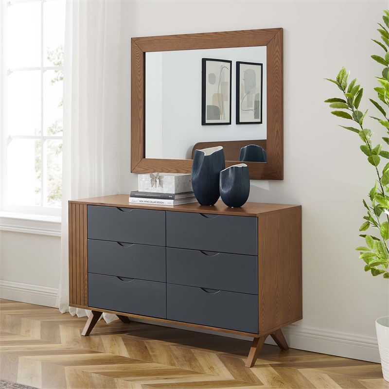 Modway Dylan Modern MDF and Rubberwood Dresser and Mirror in Walnut