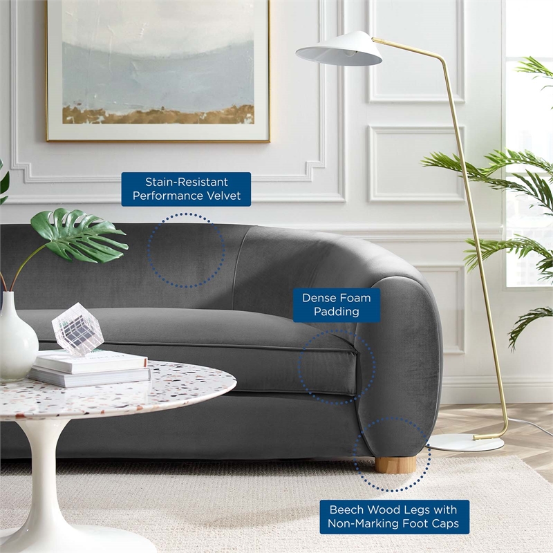 Modway Abundant Modern Performance Velvet Sofa in Charcoal/Natural