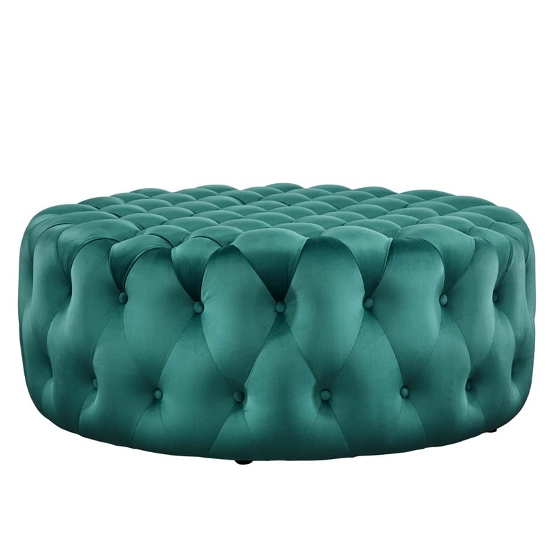 Modway Amour Modern Button Tufted Round Velvet Ottoman in Teal Green