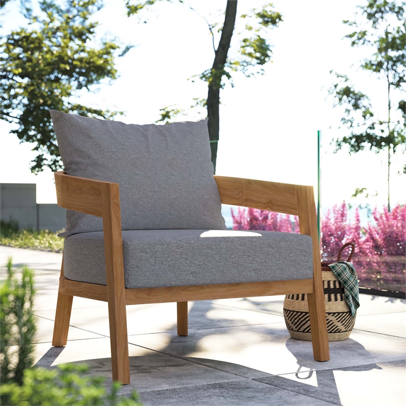 Modway Brisbane Modern Fabric/Teak Wood Outdoor Armchair in Gray/Natural