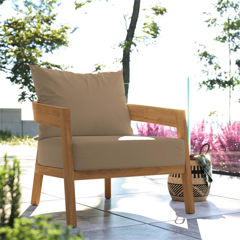 Modway Brisbane Modern Fabric/Teak Wood Outdoor Armchair in Light Brown/Natural
