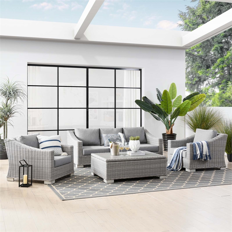 Modway Conway 4-Piece Fabric & Rattan Outdoor Furniture Set in Light Gray