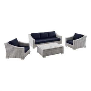Modway Conway 4-Piece Fabric & Rattan Outdoor Furniture Set in Light Gray/Navy