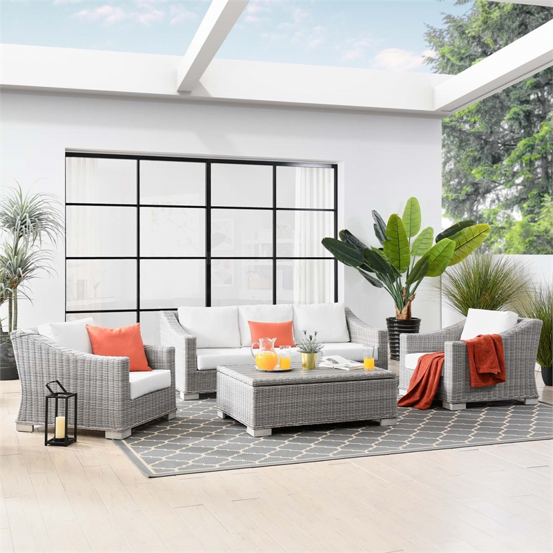 Modway Conway 4-Piece Fabric & Rattan Outdoor Furniture Set in Light Gray/White