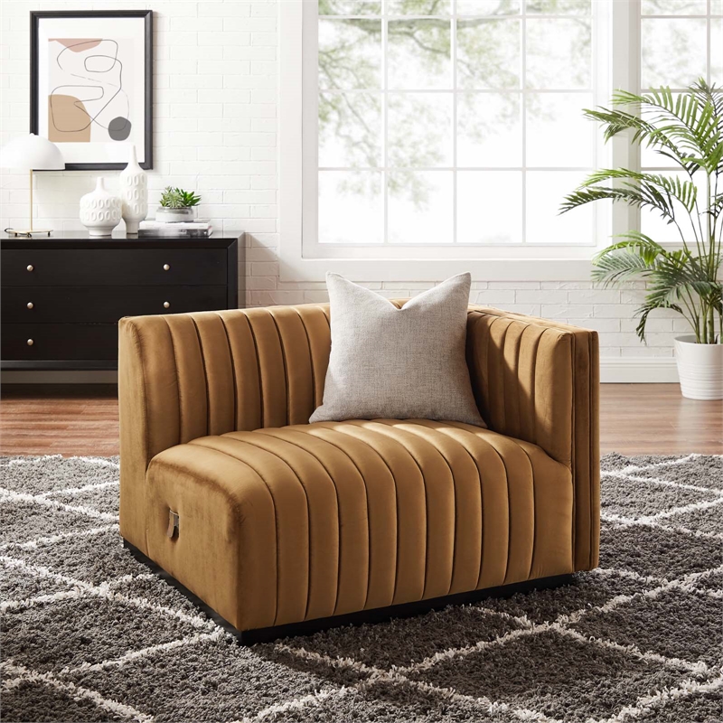 Modway Conjure Modern Channel Tufted Velvet Right-Arm Chair in Cognac Brown