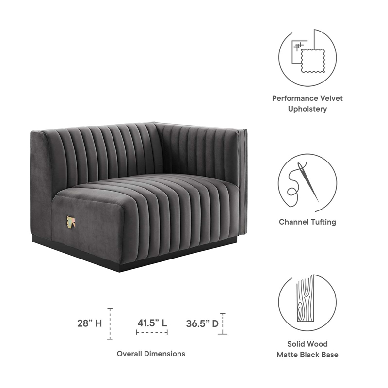Modway Conjure Modern Channel Tufted Velvet Right-Arm Chair in Gray