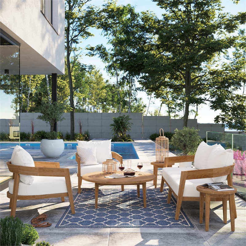 Modway Brisbane 6-Piece Teak Wood Outdoor Patio Set in Natural/White