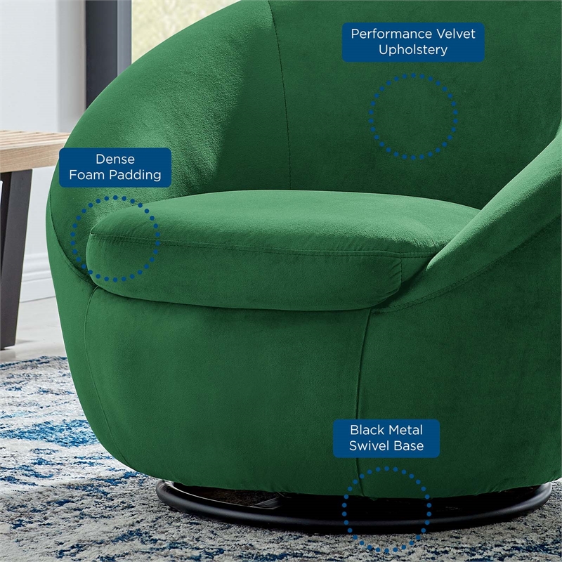 Modway Buttercup Performance Velvet Swivel Chair in Black/Emerald Green