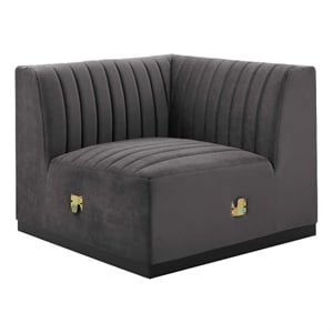 Modway Conjure Modern Channel Tufted Velvet Left Corner Chair in Gray