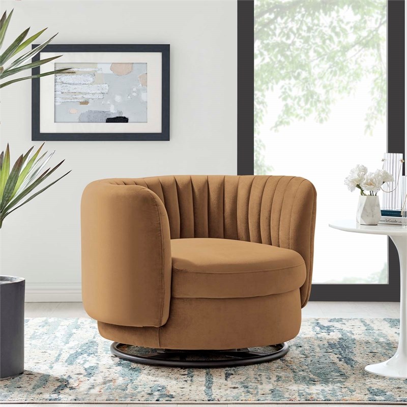 Modway Embrace Upholstered Velvet Fabric Swivel Chair in Black/Cognac Brown