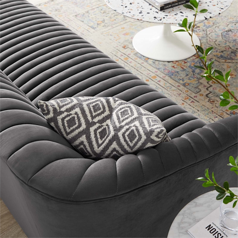 Modway Announce Modern Performance Velvet Channel Tufted Sofa in Charcoal