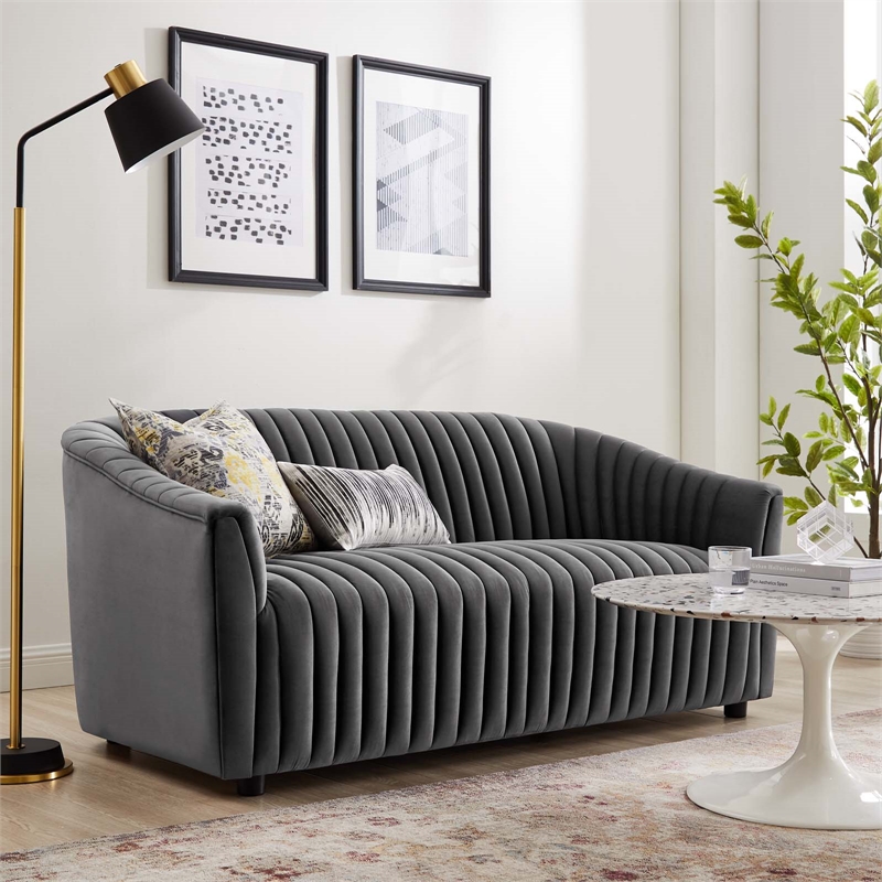 Modway Announce Modern Performance Velvet Channel Tufted Loveseat in Charcoal