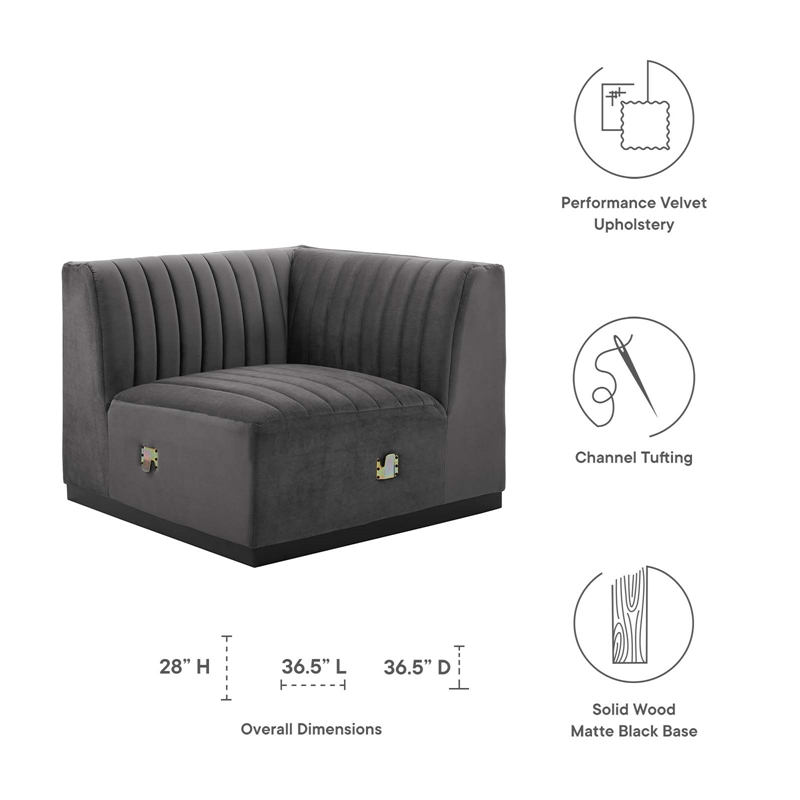 Modway Conjure Modern Channel Tufted Velvet Right Corner Chair in Gray