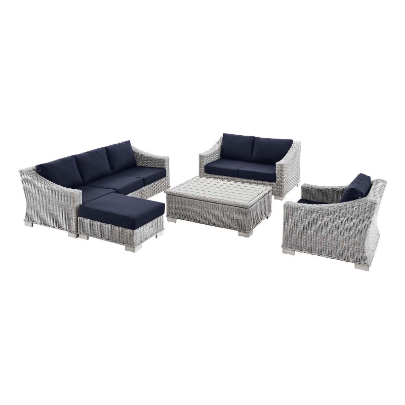 Modway Conway 5-Piece Fabric & Rattan Patio Furniture Set in Light Gray/Navy