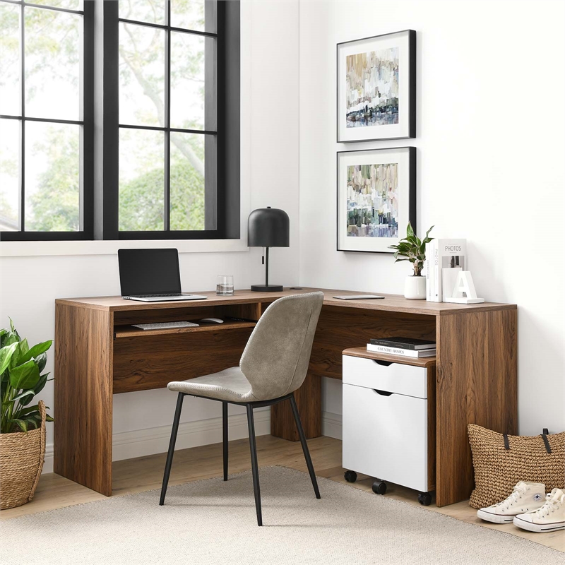 Modway Envision Particleboard MDF Wood Desk and File Cabinet Set in Walnut/White