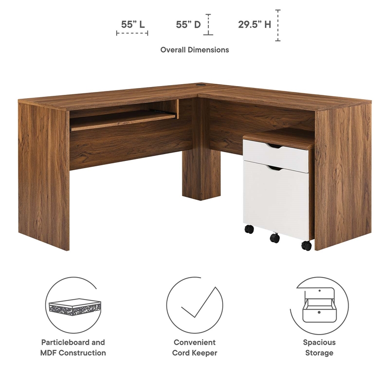 Modway Envision Particleboard MDF Wood Desk and File Cabinet Set in Walnut/White