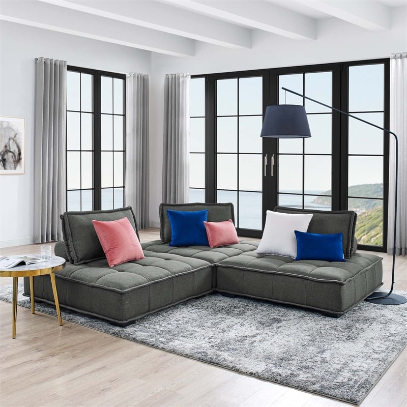 Modway Saunter 3-Piece Modern Tufted Fabric Sofa in Gray Finish