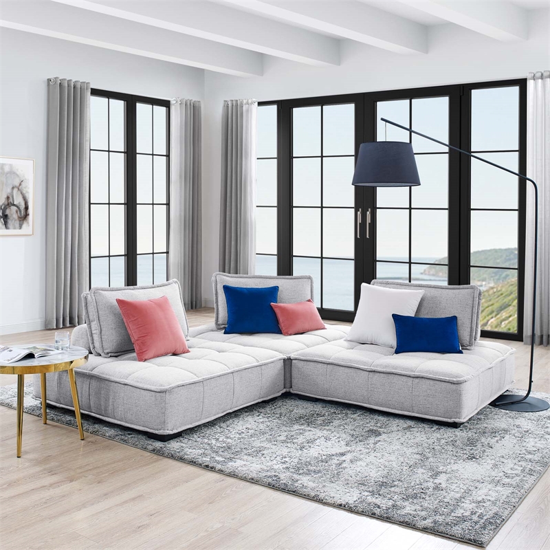 Modway Saunter 3-Piece Modern Tufted Fabric Sofa in Light Gray