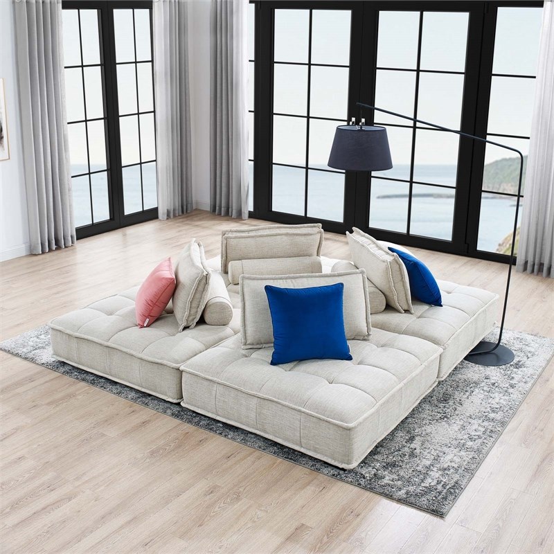 Modway Saunter 4-Piece Modern Tufted Fabric Sectional Sofa in Beige