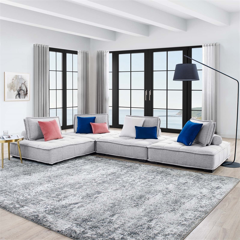 Modway Saunter 4-Piece Modern Tufted Fabric Sectional Sofa in Light Gray
