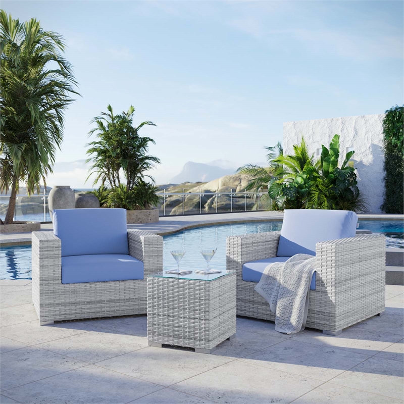Modway Convene 3-Piece Modern Fabric/Rattan Outdoor Set in Light Gray/Light Blue