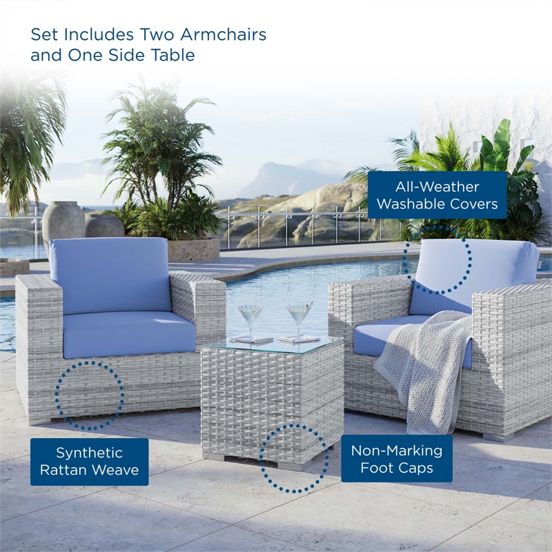 Modway Convene 3-Piece Modern Fabric/Rattan Outdoor Set in Light Gray/Light Blue